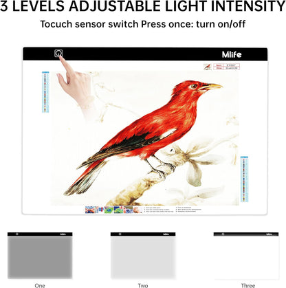 Mlife A2 LED Light Pad for Diamond Painting Kits, Diamond Art Light Board, USB Powered Tracing Light Board Diamond Art Accessories for Drawing, Sketching, Animation with Stand & 4 Fasten Clips