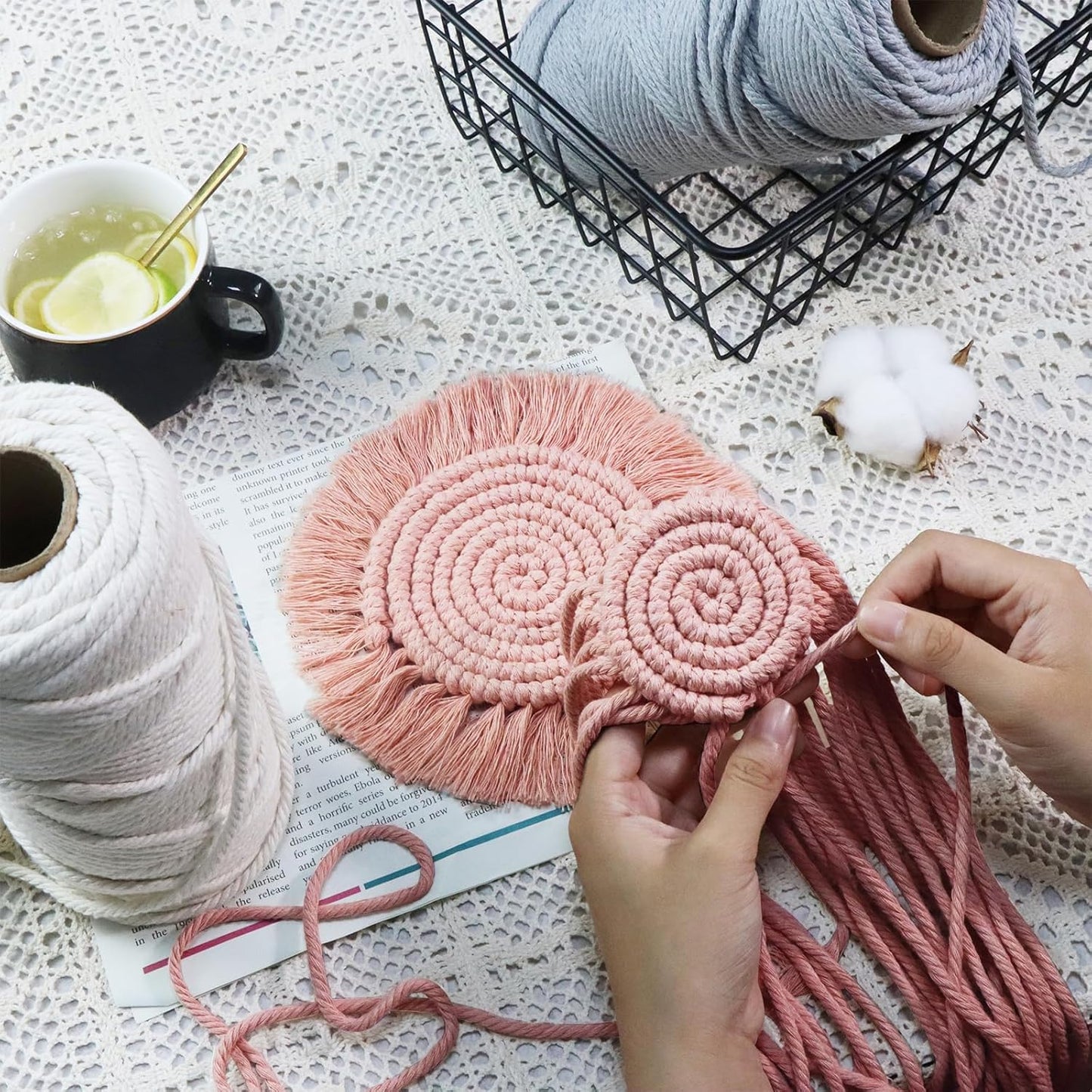 7.4in Boho Coasters for Drinks, Handmade Woven Absorbent Coasters for Desk, Farmhouse Cute Coaster for Mugs Cups - Gifts for Women, Beige