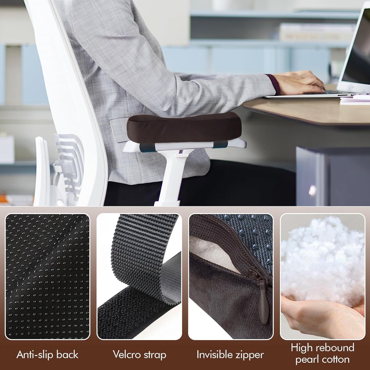 WdFour 2-Pack Non-Slip Armrest Pads for Office & Gaming Chairs - Ergonomic Forearm Support Pillow for Desk, Computer & Wheelchair, Pressure Relief Cushions (Black)