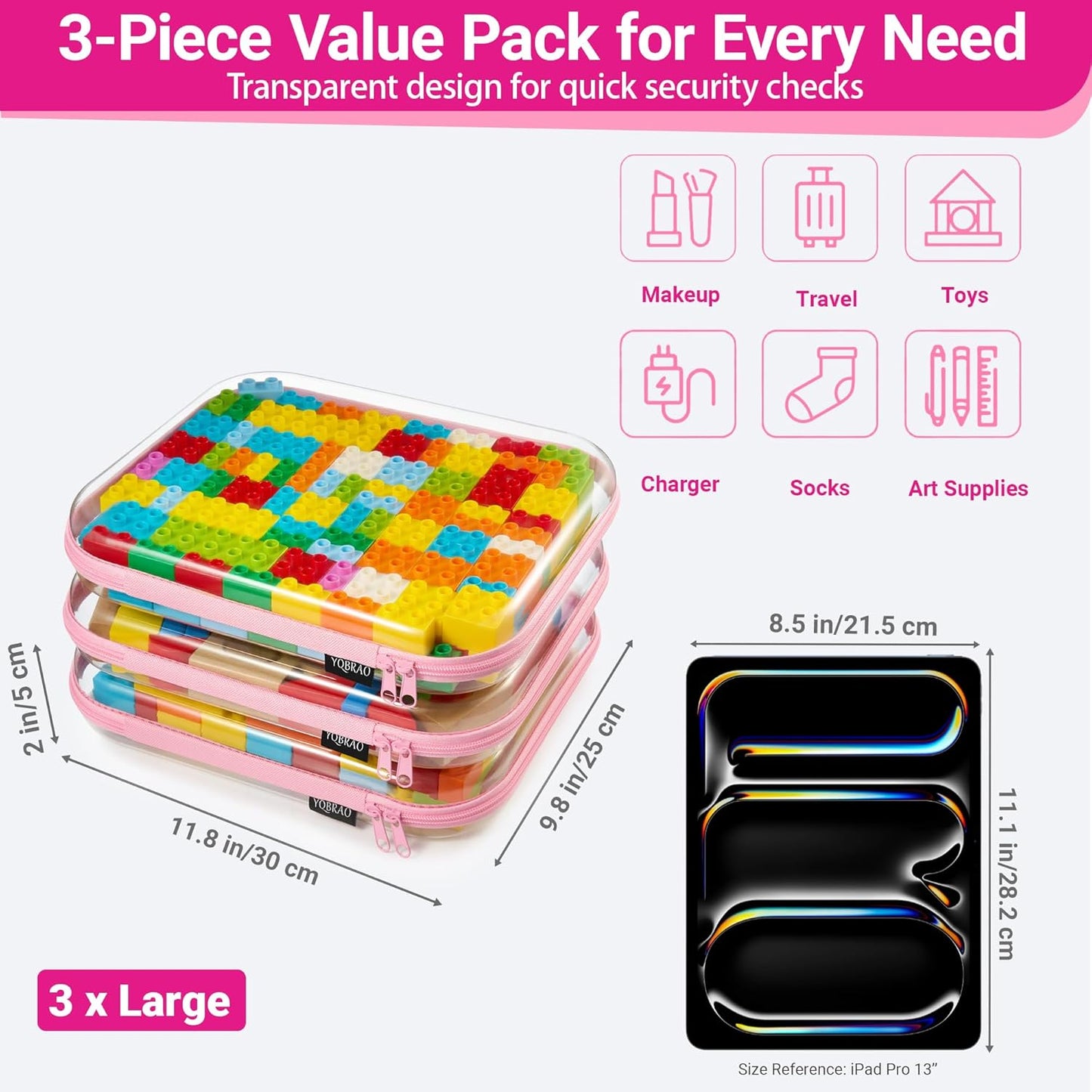 YQBRAO 6 Pack Clear Hard Shell Zipper Case, 1.2mm Heavy Duty Crush-Proof Diaper Bag Organizer Pouches, TSA Approved Travel Makeup Bag for Toiletries & Electronics, (2L, 2M, 2S) Multi-Size Storage Set