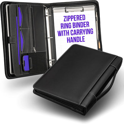 STYLIO Zipper Padfolio Portfolio Binder Organizer | Faux Leather Portfolio for Resume, Documents, Phone, Tablet, Business Supplies and Cards | Notebook Organizer with Letter Sized Notepad Included