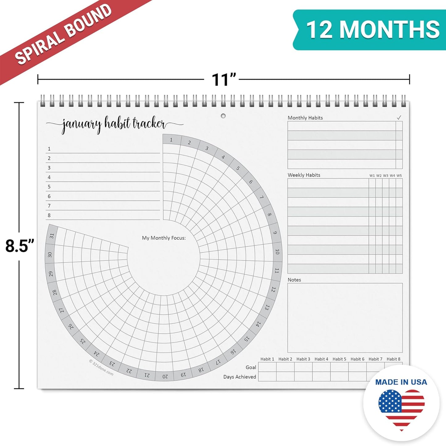 321Done Habit Tracker Calendar, Made in USA - 12 Months Wall Hanging Productivity Journal 8.5x11, Spiral Binding Undated Motivational Monthly Planner to Track Habits and Goals