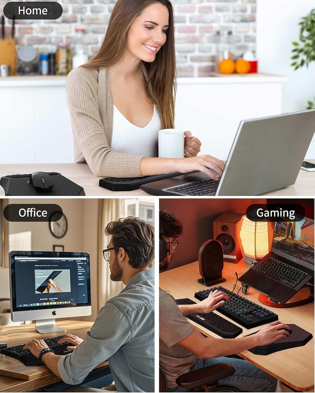 Ergonomic Mouse Pad and Keyboard Wrist Rest Support Set, Massage Design Mousepad for Carpal Tunnel Pain Relief, Memory Foam, Non-Slip PU Base for Computer Desk, Black