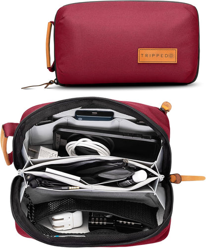 Tech Bag Organizer - Small Electronics Organizer Pouch for Travel - Premium Travel Case with Leather Accents - Mesh Pocket for Cables, Cords and Chargers (Black)