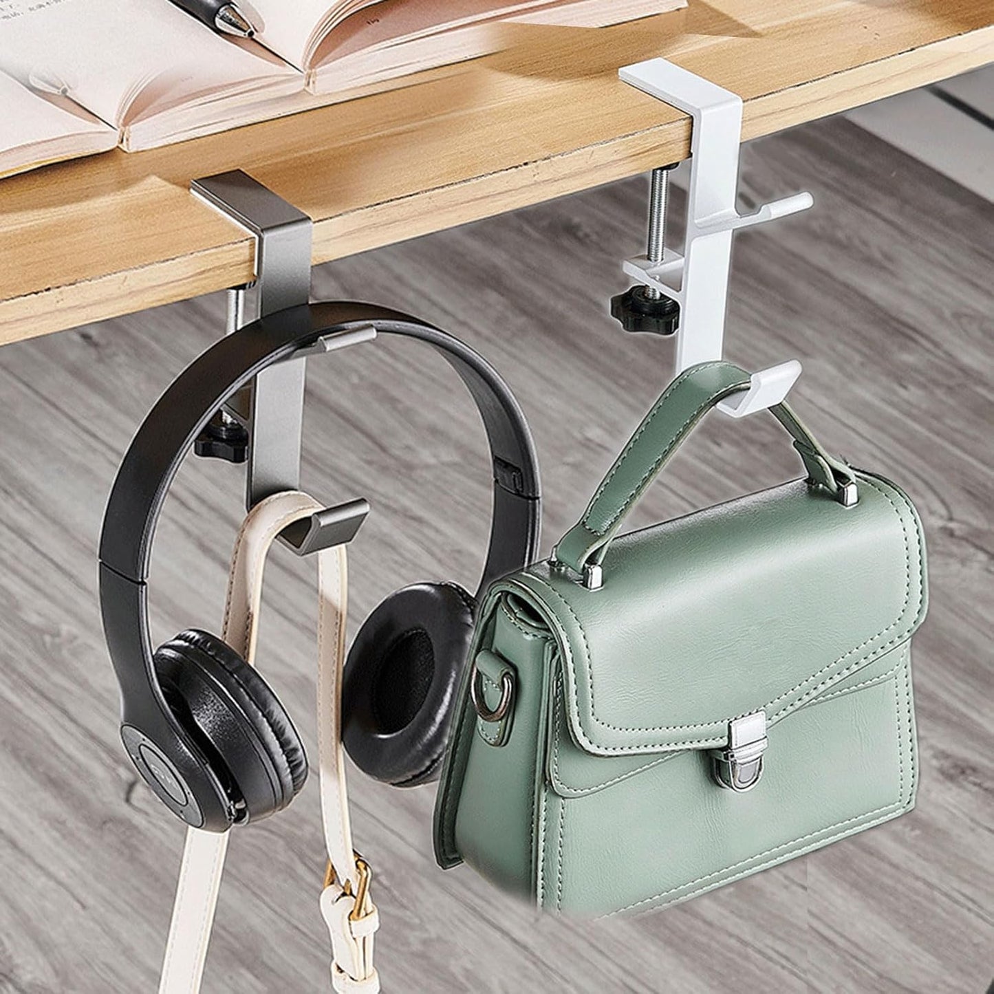 KISOY 2PCS Desk Hook, Under Desk Handbag Hanger Purse Hook for Table,Backpack Hanger Purse Holder for Desk Adjustable Can Hook Bags, Umbrellas,Headphone Holder(1White+1Black)