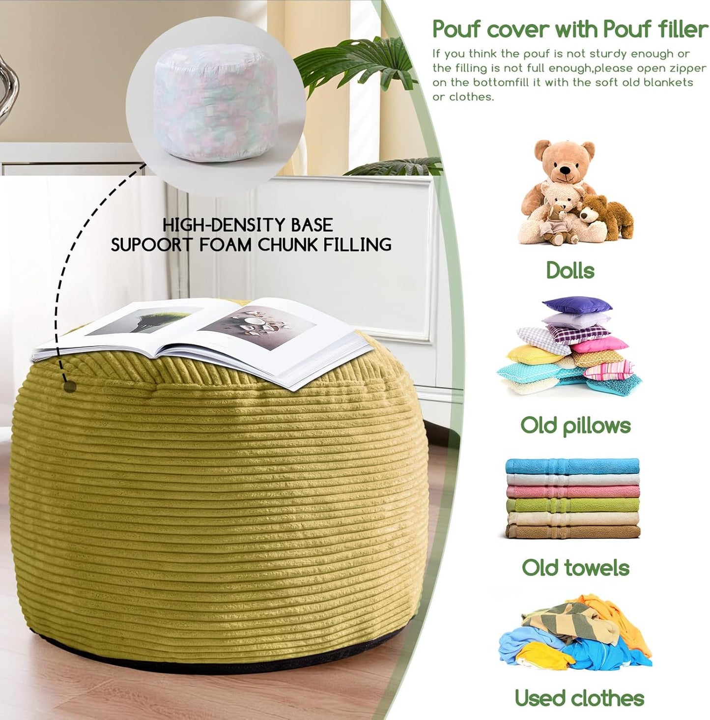 HIGOGOGO Round Stuffed Pouf Ottoman, Corduroy Poufs with Foam Chunk Filling, Furry and Fluffy Pouf Foot Stool Storage Ottoman, 20 X 15 Floor Poufs Foot Rest for Living Room, Dark Grey