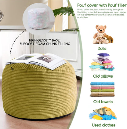 HIGOGOGO Round Stuffed Pouf Ottoman, Corduroy Poufs with Foam Chunk Filling, Furry and Fluffy Pouf Foot Stool Storage Ottoman, 20 X 15 Floor Poufs Foot Rest for Living Room, Dark Grey