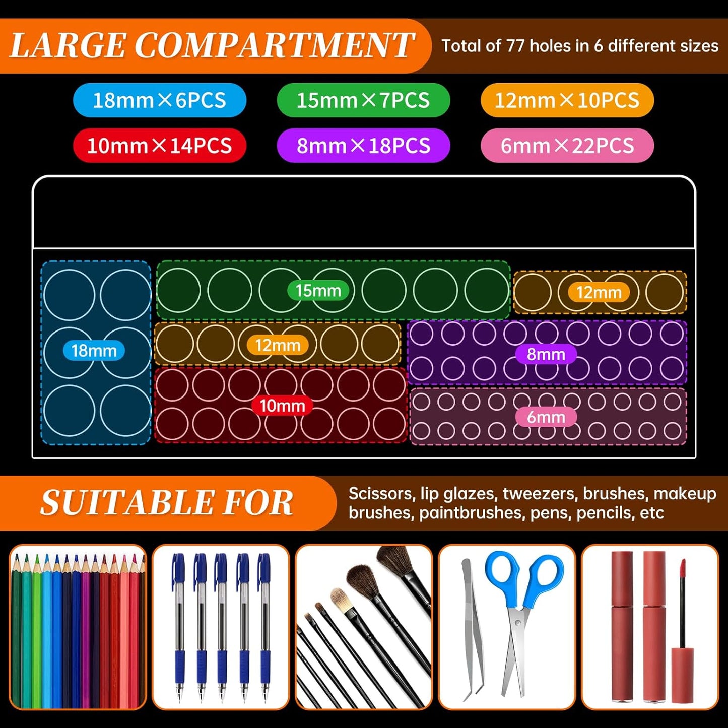 Acrylic Paint Brush Holder 77 Holes and Multi-functional Compartment Paintbrush Organizer Artist Brush Holder Paint Brush Stand Rack for Pens Pencils