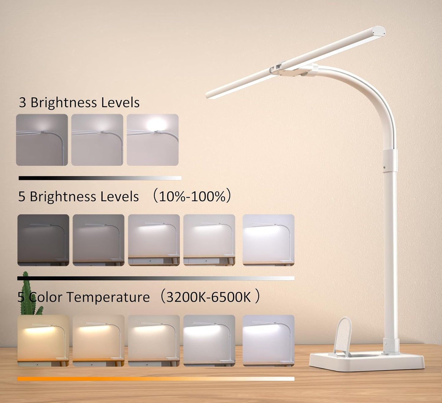 Double Head LED Desk Lamp, Architect Desk Lamps for Home Office, 24W Brightest Workbench Office Lighting-5 Color Modes and 5 Dimmable Eye Protection Modern Desk Lamp (Black-Desktop, Big)