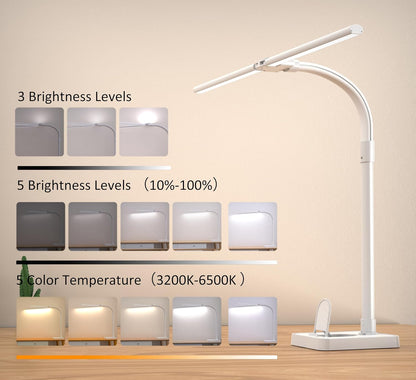 Double Head LED Desk Lamp, Architect Desk Lamps for Home Office, 24W Brightest Workbench Office Lighting-5 Color Modes and 5 Dimmable Eye Protection Modern Desk Lamp (Black-Desktop, Big)