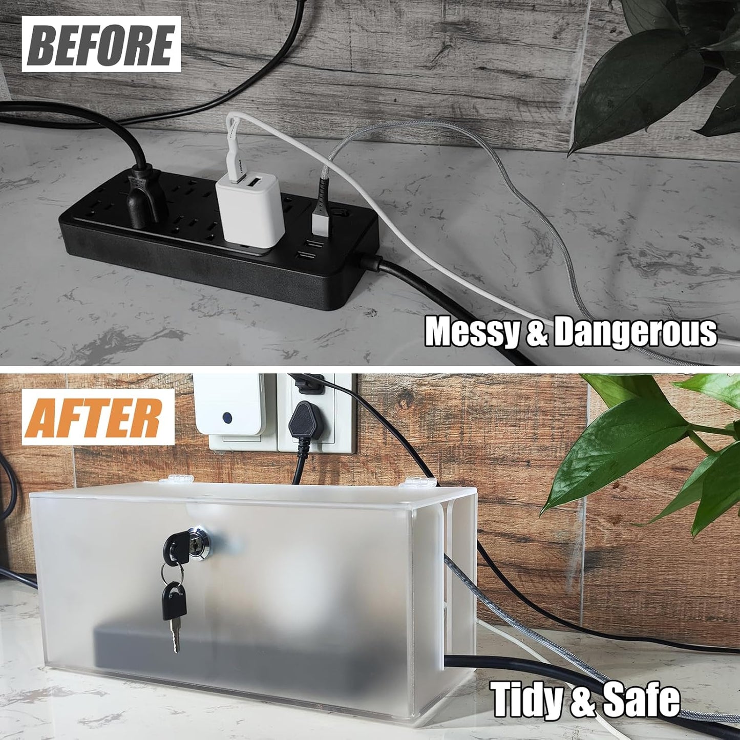2PC Cable Management Box with Lock,Acrylic,Cable Organizer Box & Power Strip Cover, Wire Organizer for Surge Protector Power Strip,TV Computer,Cable Wires of Home,Office,Child and Pet Proof