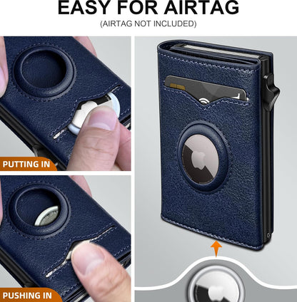 miyozi Airtag Wallet for Men,with Cash Pocket 2 ID Window 9-12 Cards,Metal Case Smart Slim Pop Up Credit Card Holder Flip with Magnetic Closure RFID Blocking Trifold wallet with Gift Box