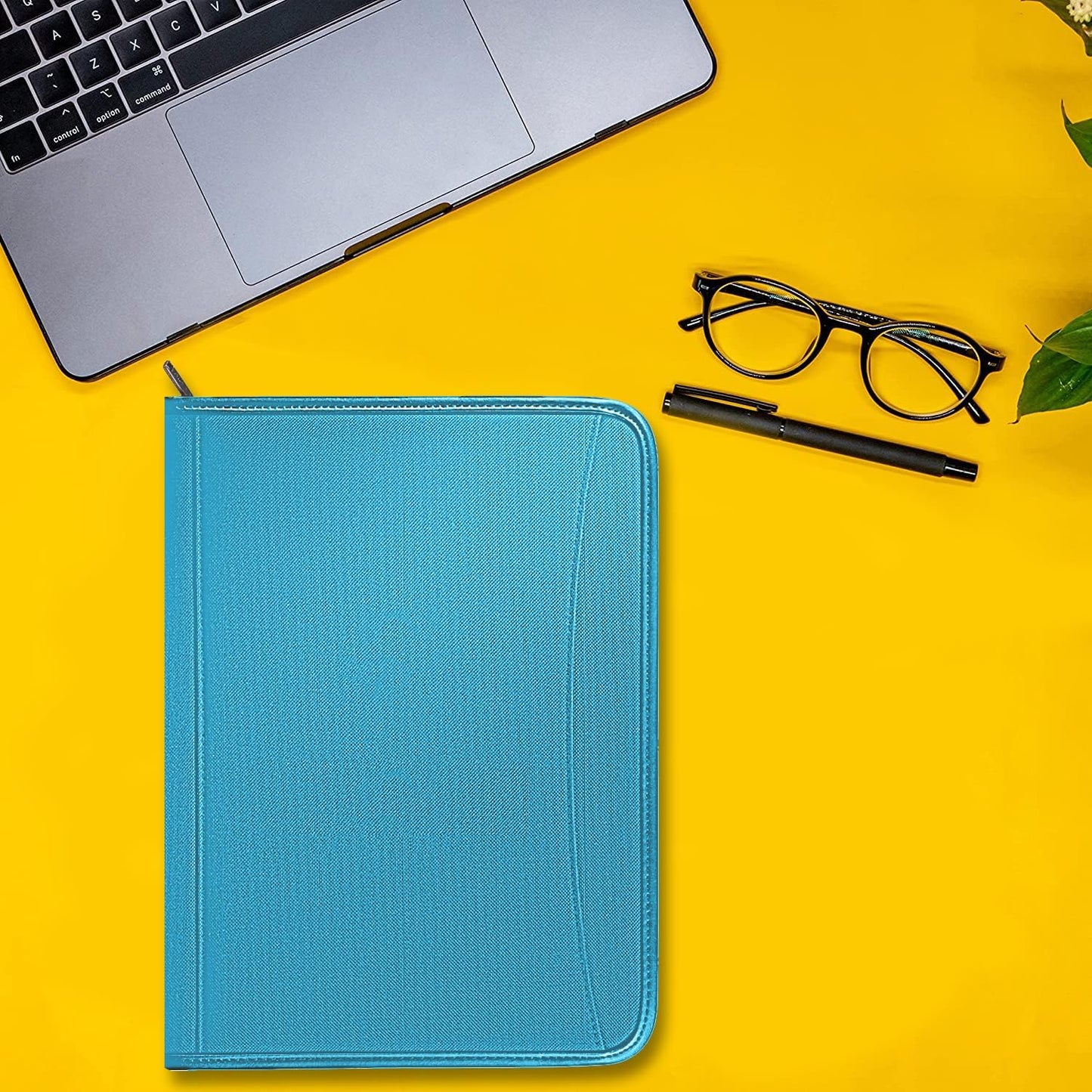 Zippered Portfolio Organizer/ A4 Refillable Lined Writing Notepad Folder Case/Fabric-Covered Padfolio Binder with Interior Storage Pocket for Men Women.Classic Black