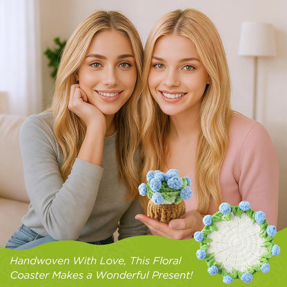 Flower Crochet Coasters, Handmade Bouquet Blanket Coaster with Crochet Plant Pot Fun Soft Decorative Drink Coasters for Coffee Tabletop Protection and Home Decor (Pink, 1Pc)