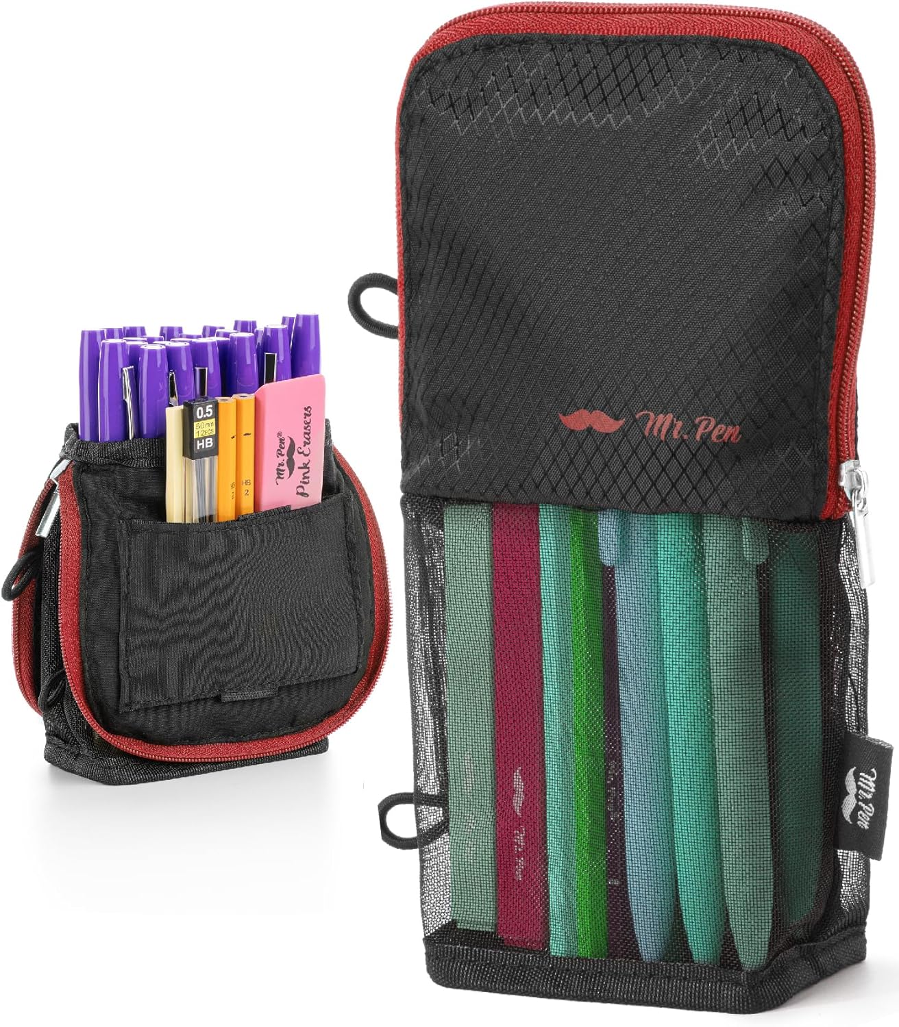 Mr. Pen- Standing Pencil Case Pouch, Sit & Lay Mesh-View Design, Black & Gray, Interior Pocket & 2 Elastic Binder Loops, Cute Pencil Case for Girls and Boys