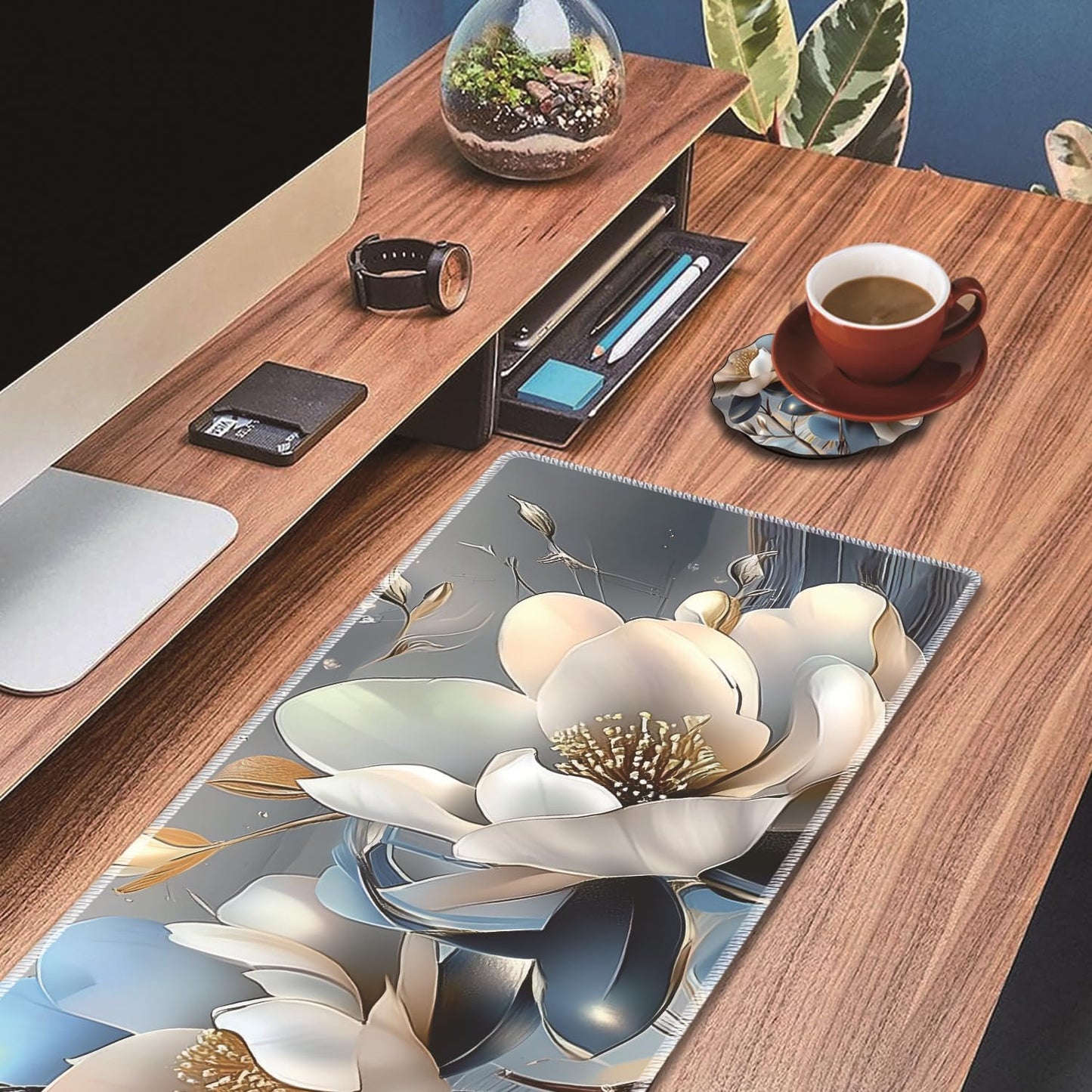 Mouse Wrist Rest and Keyboard Wrist Rest Pad Set, Non-Slip Rubber Base Smooth Surface Ergonomic Gaming Mouse Pad for Easy Typing and Pain Relief, Antique Blue Wood Grain Dog Paw + Coaster