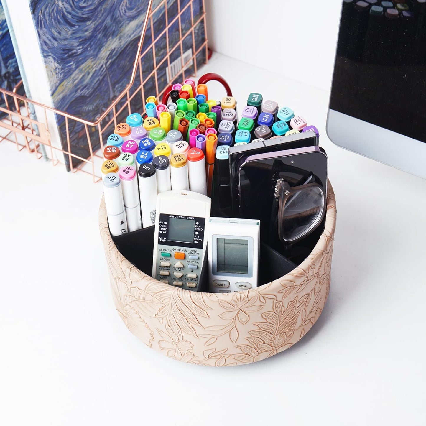 Round Leather Art Supply Organizer,Remote Control Holder,360 Degree Rotating,Multi-Functional Pencil Holder,4 Compartments Desktop Stationary Organizer(1-Fractal Flower) | Round - Colors A