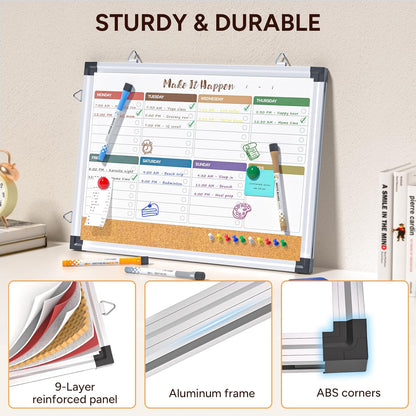 Marsrock Weekly Dry Erase Board and Cork Board Combo for Wall, 17"x13" Reversible Hanging Dry Erase Board, Double Sided White Board with Aluminum Frame for Planning, Office, Kitchen, School, Home