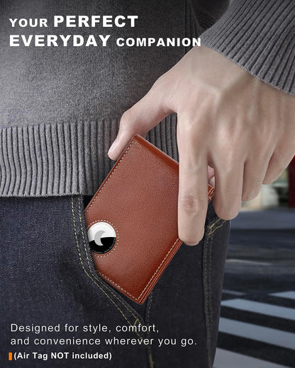 Men's Wallet with Airtag Holder, Bifold Full-Grain Leather Wallet for Apple Air Tag (1st & 2nd Generation), Slim Wallet for Men with RFID Blocking, 11 Card Slots