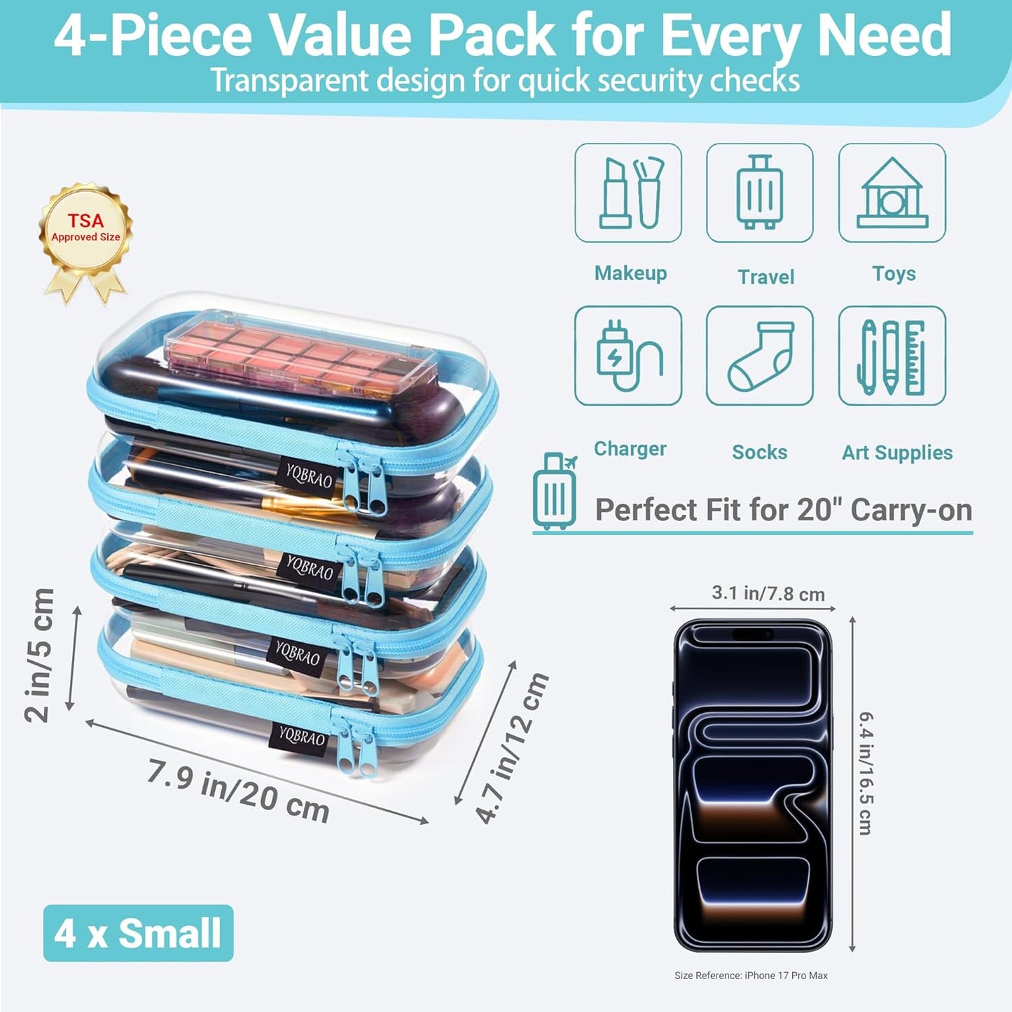 YQBRAO 6 Pack Clear Hard Shell Zipper Case, 1.2mm Heavy Duty Crush-Proof Diaper Bag Organizer Pouches, TSA Approved Travel Makeup Bag for Toiletries & Electronics, (2L, 2M, 2S) Multi-Size Storage Set