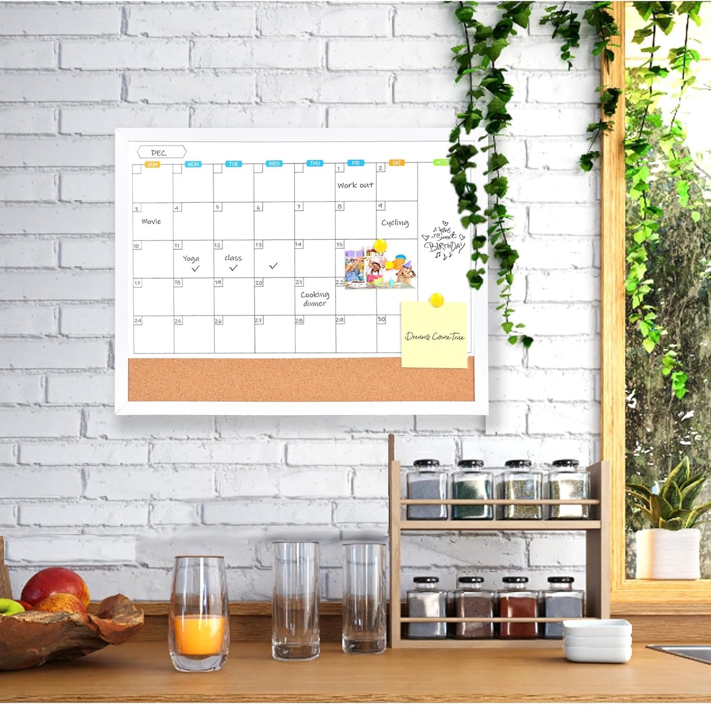 Monthly Whiteboard Calendar with Cork Board for Wall, 17"x13",Magnetic Dry Erase Board with White Wood Framed,2-1 Wall Planner Whiteboard,Bulletin Board with Pins for Home,School,Office