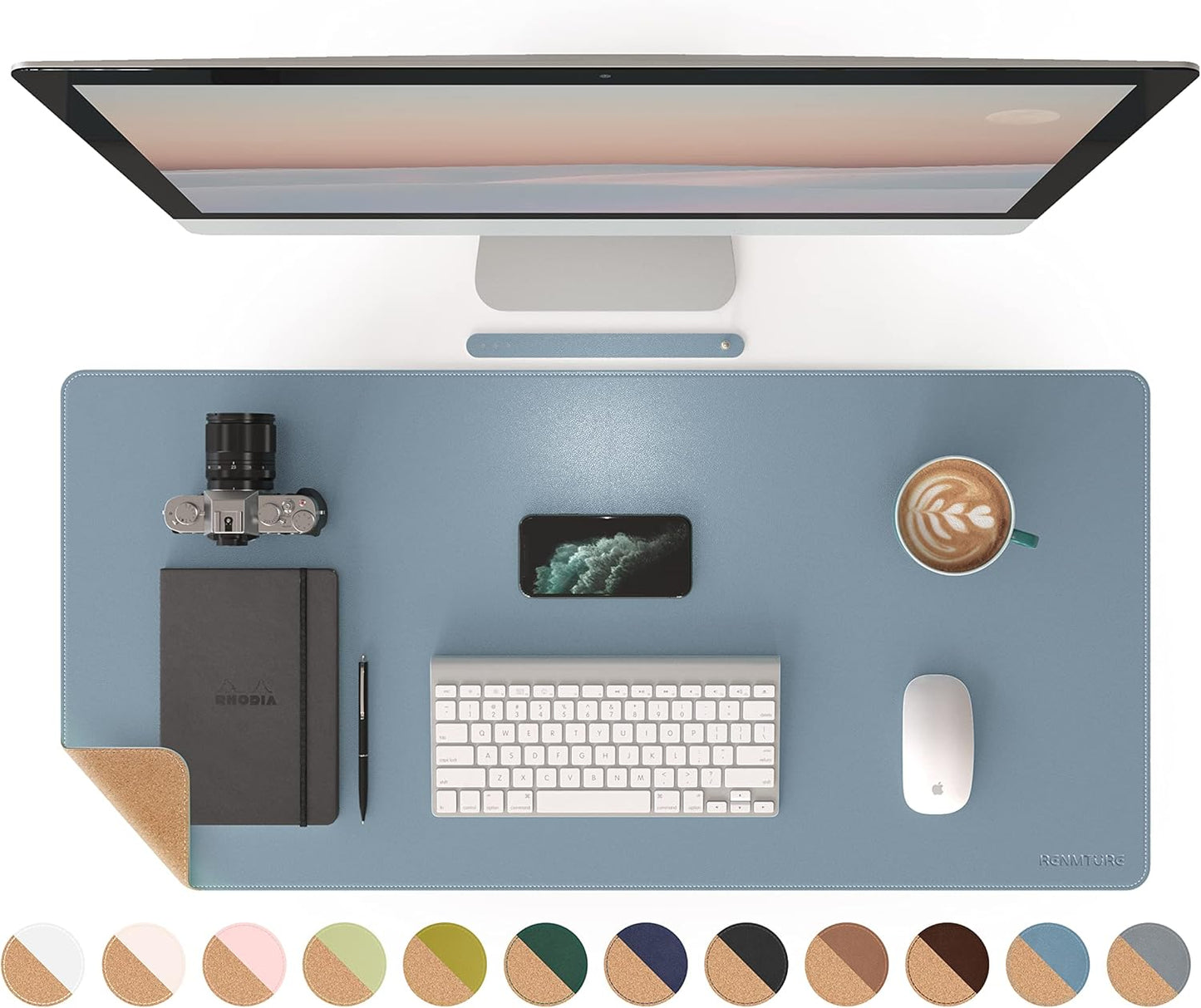 RENMTURE Dual-Sided Mouse Pad, Natural Cork & PU Leather Large Desk Pad for Office and Home Work, Desk Protector Non-Slip, Waterproof, Easy Clean (Olive Green, 32"x16")