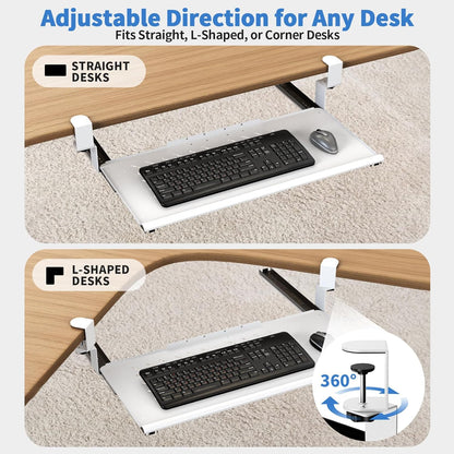 Keyboard Tray Under Desk - Full Metal Slide Out Holder, Rust-Resistant & Scratch-Proof, Double C-Clamps, 26x13" Tray for L Shape/Regular Desks, Standing/Sitting Workstation(White-A)
