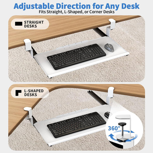 Keyboard Tray Under Desk - Full Metal Slide Out Holder, Rust-Resistant & Scratch-Proof, Double C-Clamps, 26x13" Tray for L Shape/Regular Desks, Standing/Sitting Workstation(White-A)