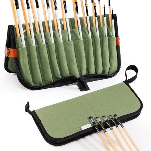 Stand Up Canvas Paint Brush Holder Case for Artists, 22 Slots Brush Organizer with Pop-Up Stand, Zippered Travel Paint Brush Storage Bag for Acrylic Oil Watercolor Brushes, Portable Paintbrush Case