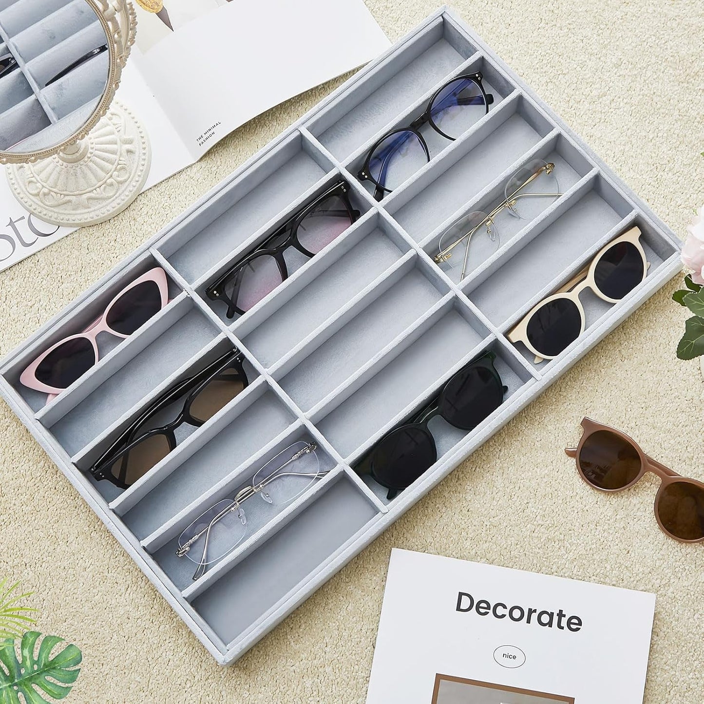Amylove 2 Pcs Sunglass Organizer Trays Glasses Stackable Jewelry Trays Sunglass Organizer Display Box(8 Grids,Beige)