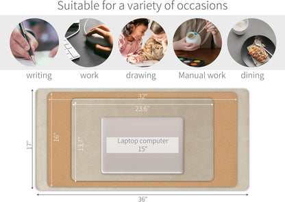 RENMTURE Desk Pad, Cork & PU Leather Desk Mat, Large Mouse pad, Non-Slip Desk Protector and Blotter, Waterproof Writing Pad, Desk Accessories and Organizers for Home Office (Light Yellow, 32"x16")
