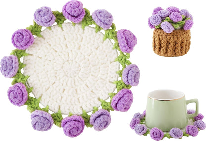 Flower Crochet Coasters, Handmade Bouquet Blanket Coaster with Crochet Plant Pot Fun Soft Decorative Drink Coasters for Coffee Tabletop Protection and Home Decor (Pink, 1Pc)