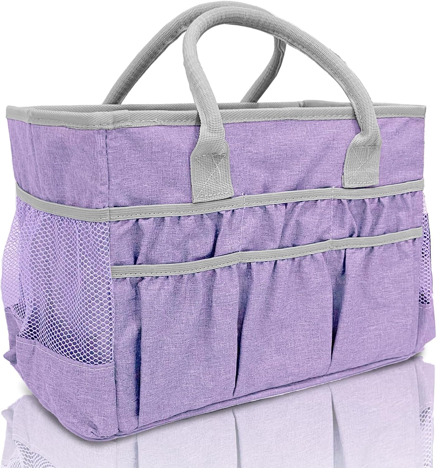 Cupohus Craft Organizer Tote Bag – Craft Caddy with 2 Mesh Side Pockets & Front Elastic Pockets, Foldable Large Capacity Supply Storage Bag for Sewing, Knitting, Painting, and Travel (Purple)