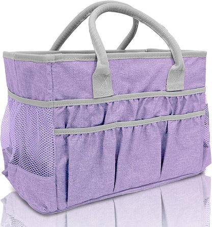 Cupohus Craft Organizer Tote Bag – Craft Caddy with 2 Mesh Side Pockets & Front Elastic Pockets, Foldable Large Capacity Supply Storage Bag for Sewing, Knitting, Painting, and Travel (Purple)
