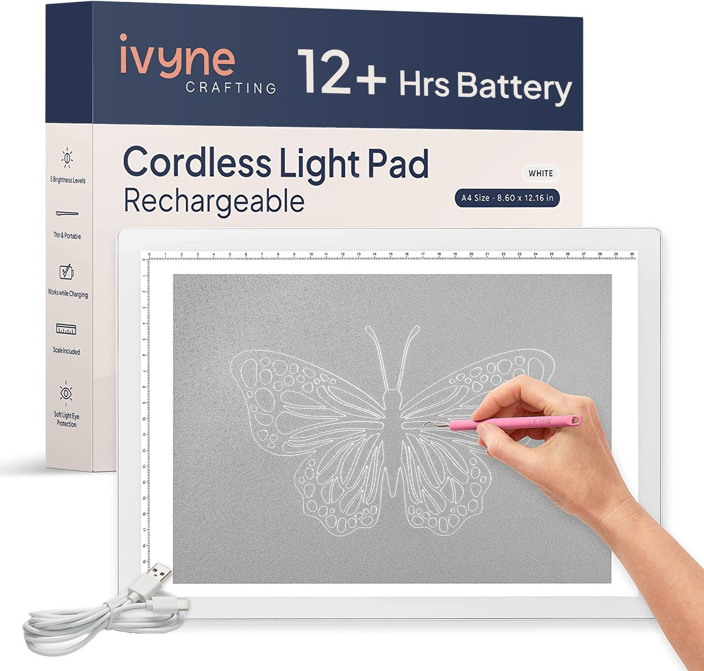 iVyne Rechargeable A4 Light Pad for Tracing & Weeding - LED Light Board for Weeding Vinyl - for Cricut Vinyl Weeding Tools - Ultra-Thin & Portable - Perfect for Artists & Crafters - Pink