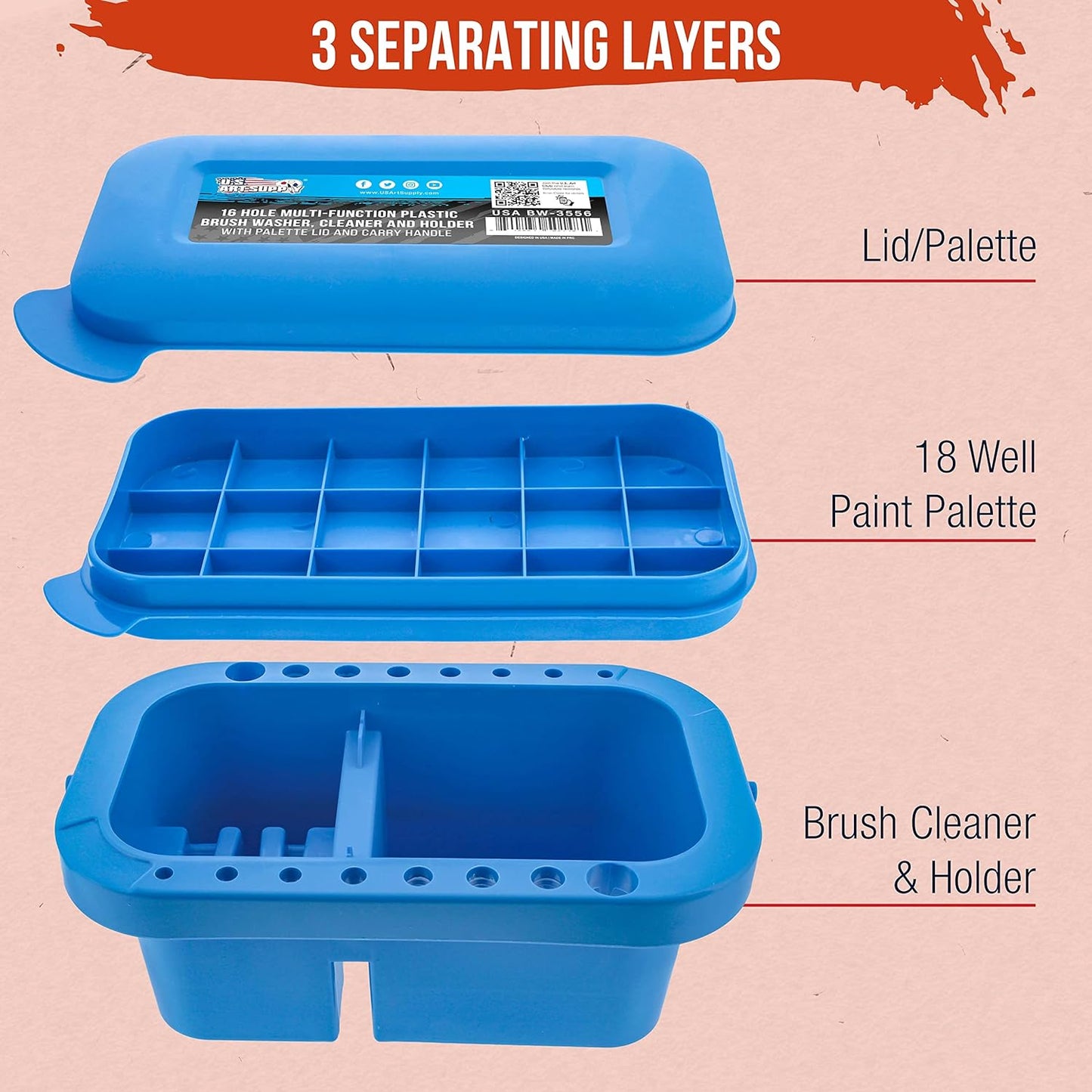 U.S. Art Supply 12-Hole Multi-Function Plastic Paint Brush Cleaner & Paint Brush Holder with Palette Lid, Washer for Acrylic, Watercolor, Oil Paints, Cleans Artist Brushes
