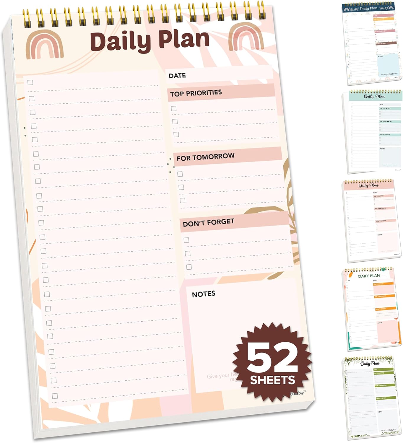 Decorably 52 Sheets Nude Pink Undated Daily to Do List Notepad, 6.5x10in Spring-Bound Easy Tear-Off Design, with Priorities, Checklist, Agenda, Reminders, Notes - Home, School, Office