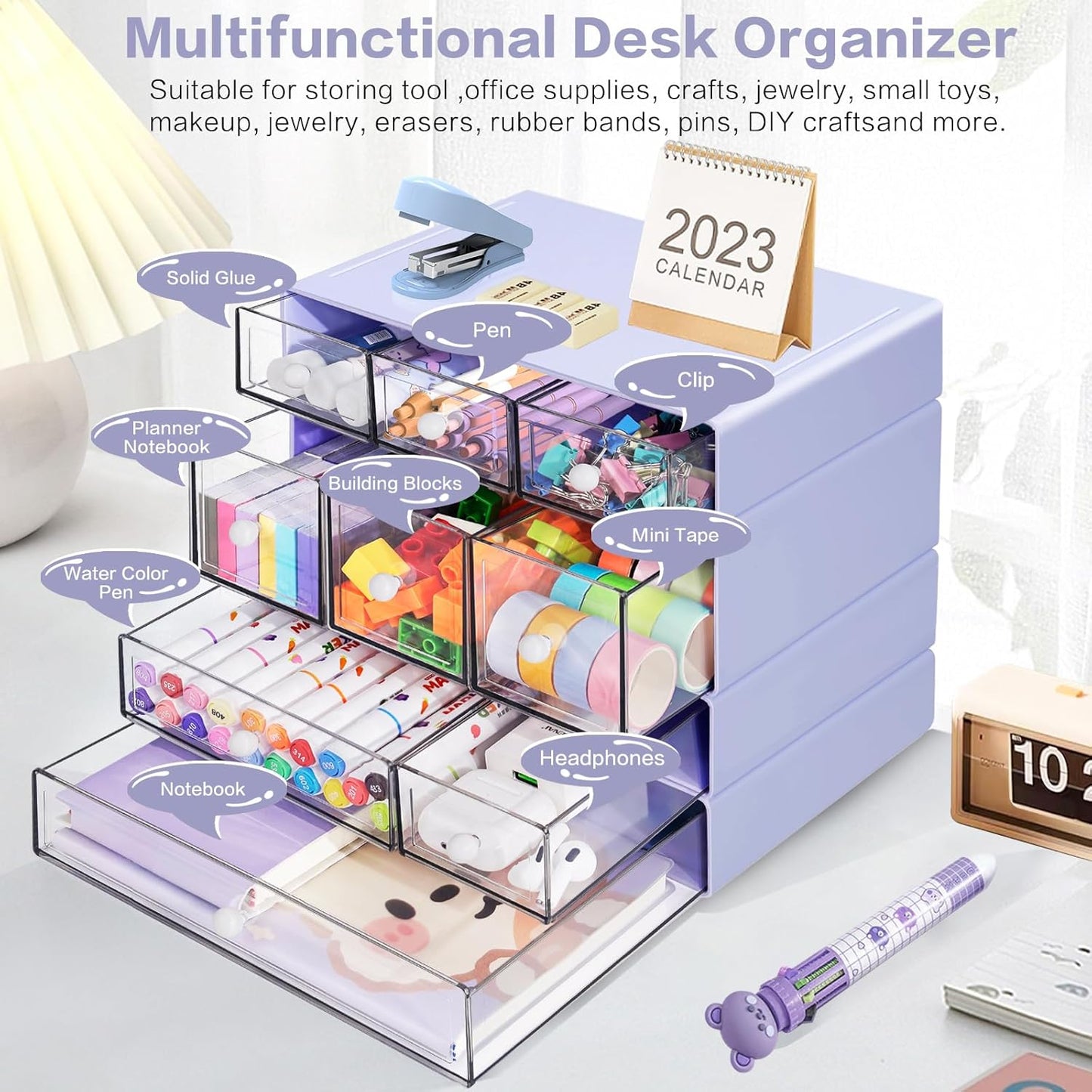 Desk Storage Organizer with 9 Drawers, 4 Tiers Stackable Desktop Craft Storage Drawers, Clear Storage Box Caddy for Stationary Makeup Jewelry Office Craft Supplies (Green)
