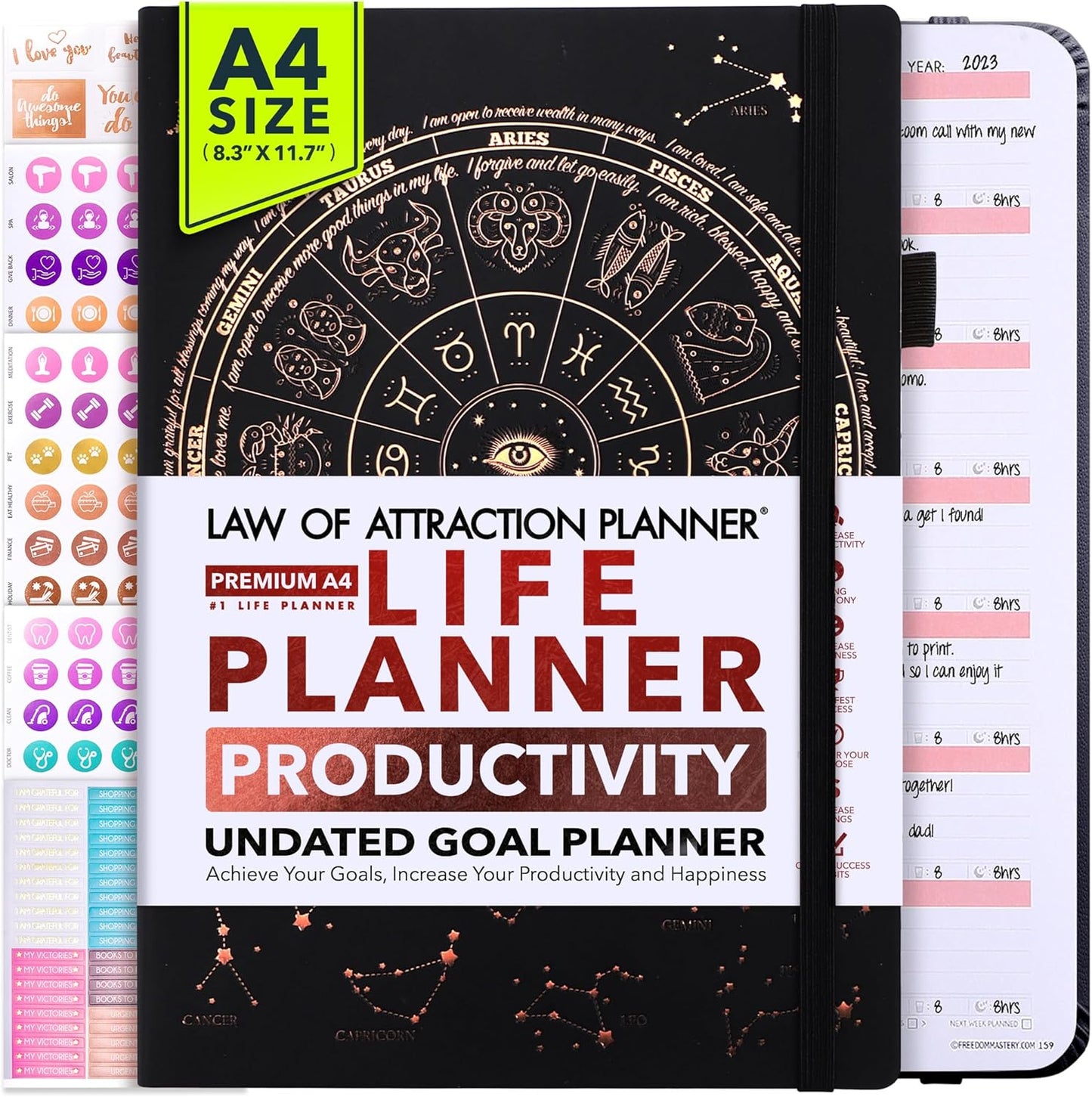 Life Planner - Undated Weekly & Monthly Planner, 12-Month Journey to Increase Productivity | Gratitude Journal, Life Organizer & Goal Journal | Include Foldable Vision Board, Habit Tracker & Stickers
