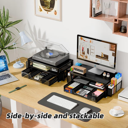 Simple Trending Desk Organizer and Accessories, 2 Tier Computer Metal Monitor Stand Riser with Drawer and Pen Holder for Laptop, Computer, iMac, Black