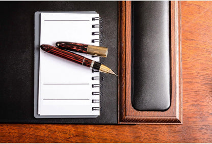 DACASSO Wood & Leather Desk Pad with Side Rails - Luxury Leather Desk Blotter for Writing - Padded Executive Desk Surface Protector - (Walnut & Black, 34” x 20”)