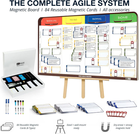 Full Magnetic Agile Board Kit (42" 23") Kanban & Scrum Dry Erase Project Management Board with 84 Magnetic Cards, Easel Stand & Accessories