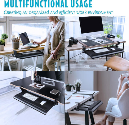 EHO Large Ergonomic C-Clamp Keyboard Tray Mount Under Desk with Wrist Rest, Slide-Out Platform 27.5" (31.8" Including Clamps) x 12.5", Pull Out Keyboard & Mouse Tray for Home or Office, Black