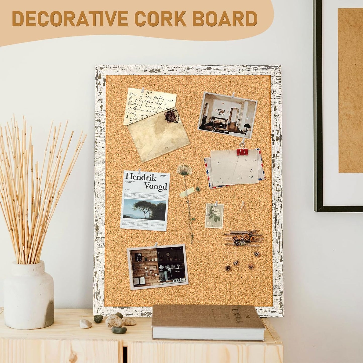 DOLLAR BOSS White Cork Board for Wall - 24 X 18 Inches, Rustic Wooden Frame Bulletin Board, Decorative Hanging Pin Board for Office & Home Decor