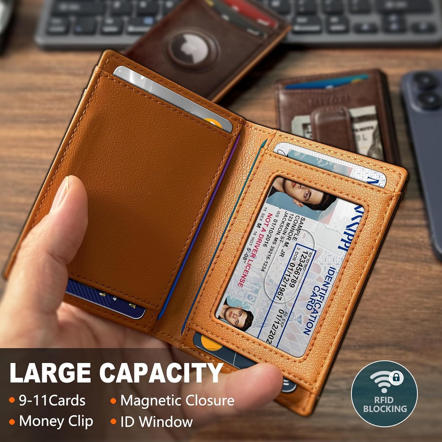miyozi Airtag Wallet for Men- with Money Clip Gift Boxed, Magnetic Closure Slim Genuine Leather Front Pocket Wallet, 4.1"x 2.8", RFID Blocking