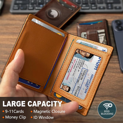 miyozi Airtag Wallet for Men- with Money Clip Gift Boxed, Magnetic Closure Slim Genuine Leather Front Pocket Wallet, 4.1"x 2.8", RFID Blocking
