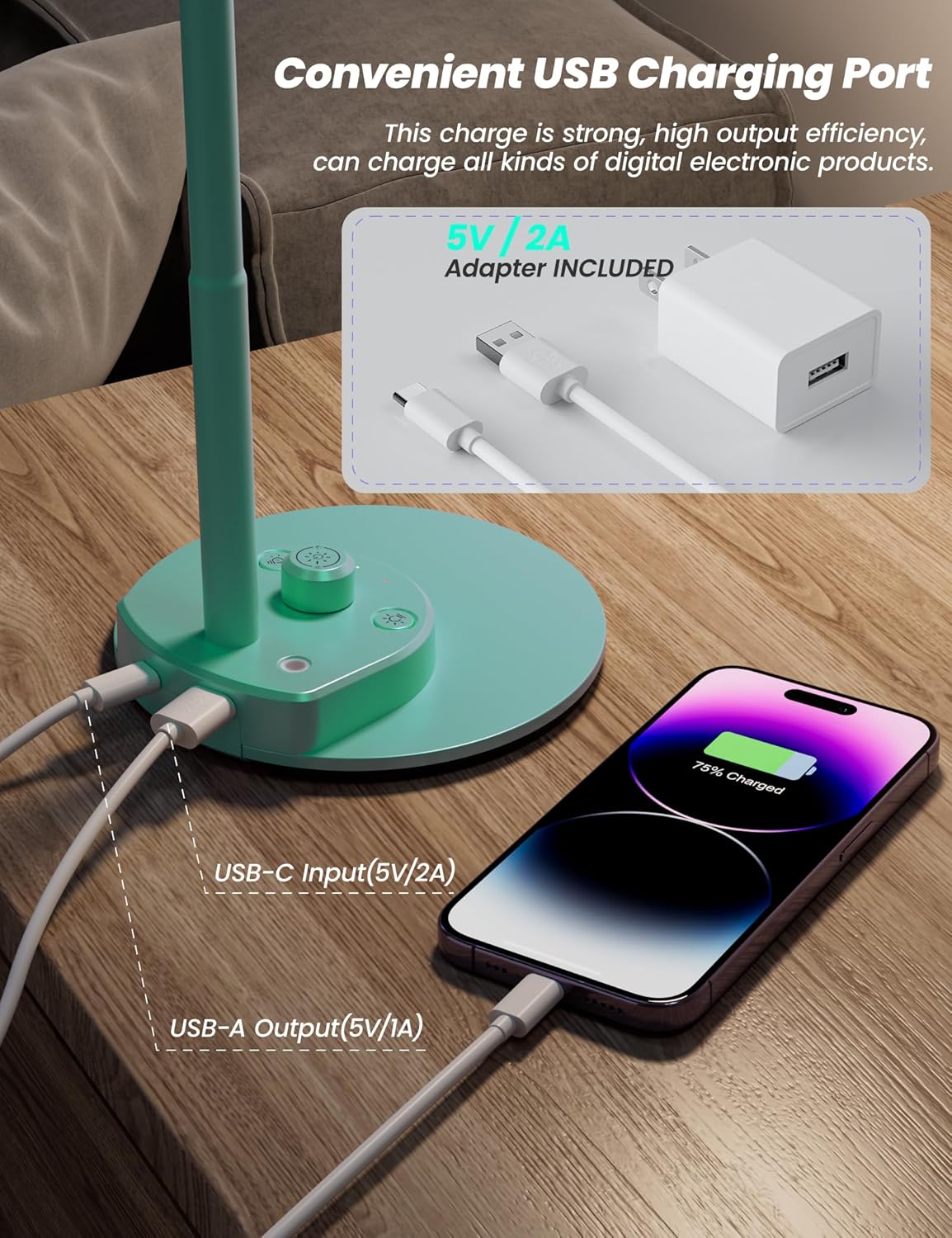 BOHON LED Desk Lamp with USB Charging Port, 3 Color Modes Dimmable Reading Lamp, Auto Dimming Task Lamp, Flexible Neck Table Light for Dorm Bedside, Adapter Include, White