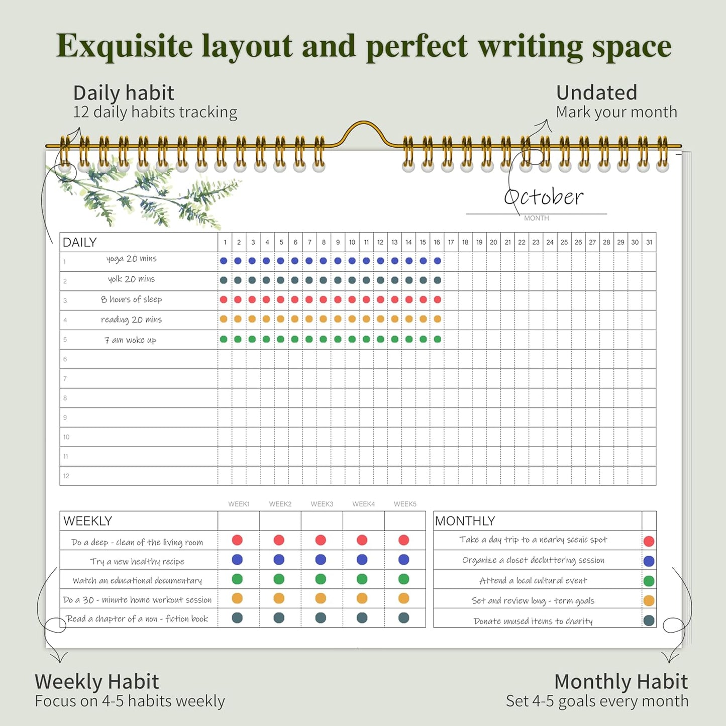 Habit Tracker Calendar，12 Monthly Habit Tracker Journal with Spiral Binding,Undated Weekly Monthly Planner to Boost Productivity&Self Improvement, 8"x10"（Green)