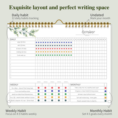 Habit Tracker Calendar，12 Monthly Habit Tracker Journal with Spiral Binding,Undated Weekly Monthly Planner to Boost Productivity&Self Improvement, 8"x10"（Green)