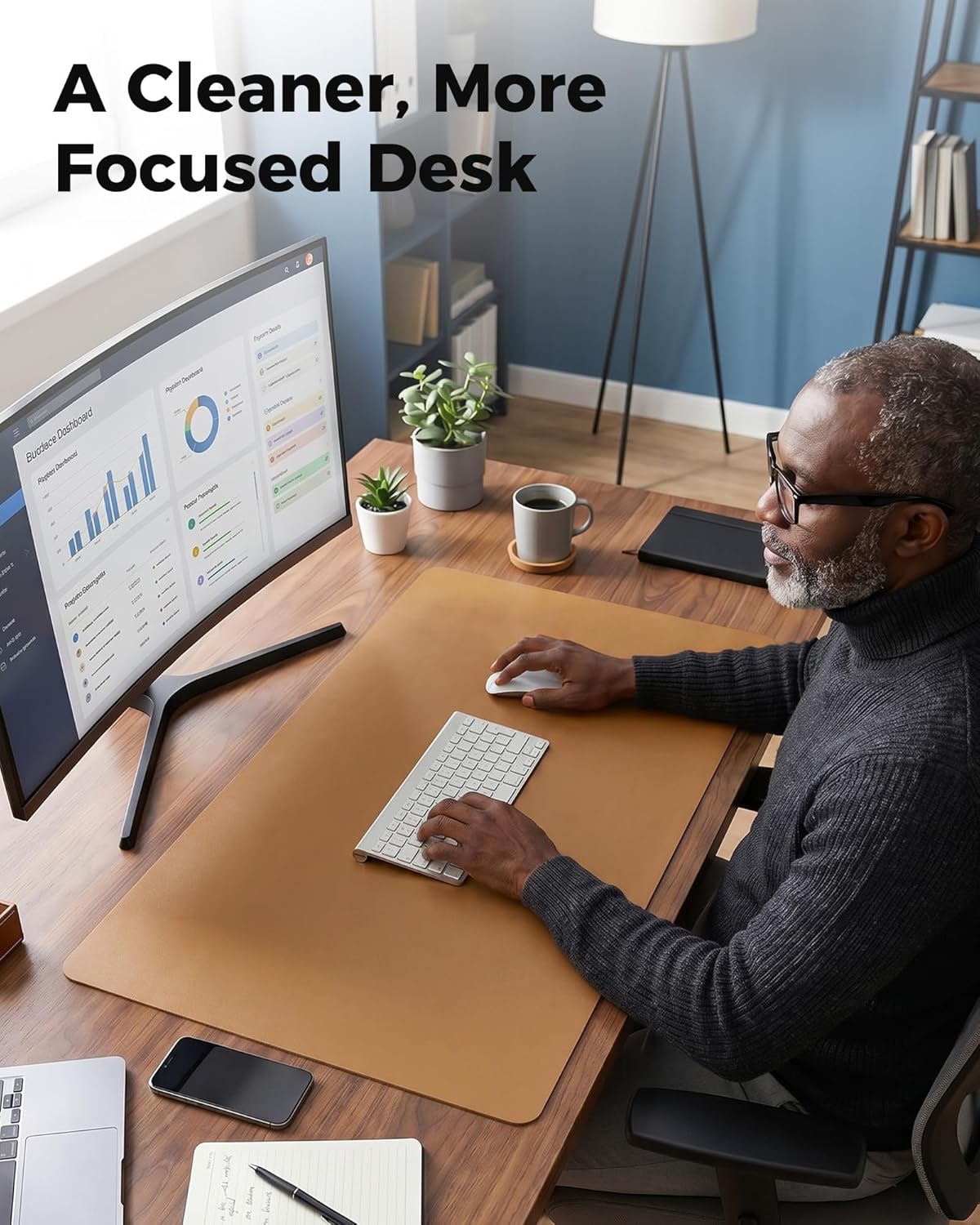 Aothia Dual-Sided Desk Pad - 25.6x13.7 inches Leather Desk Mat, Natural Cork Desk Pad Protector, Large Mouse Pad for Desk, Waterproof Desk Blotter Pad, Desk Writing Pad for Office Work/Home, Black